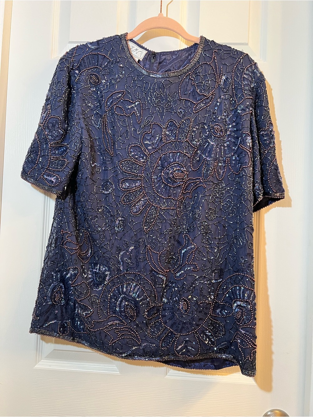 🦋 JMC Beaded evening with Navy Short-Sleeve Blouse size medium